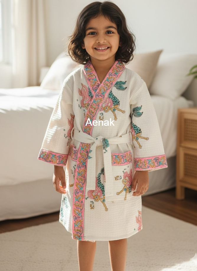 Jal Pari Print Handblock Cotton Bathrobe Set