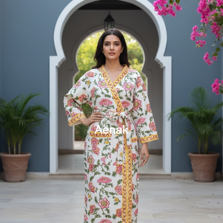 Pink Phool Handblock Waffle Cotton Bathrobe