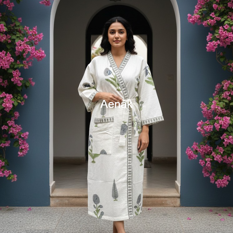 Grey Dahlia Handblock Waffle Cotton Bathrobe