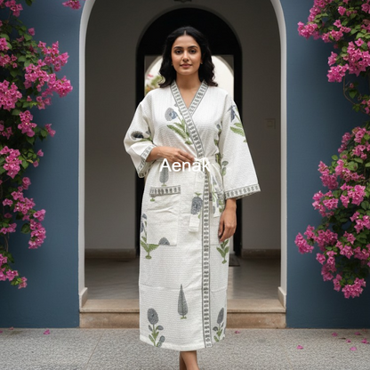 Grey Dahlia Handblock Waffle Cotton Bathrobe