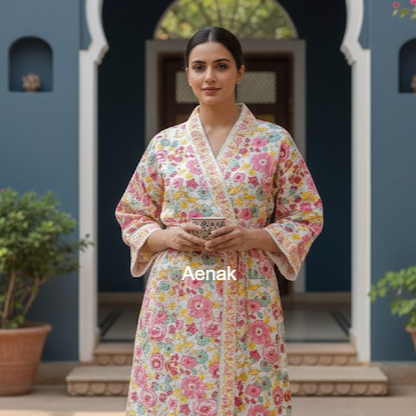 Pink Floral Garden Handblock Waffle Cotton Bathrobe