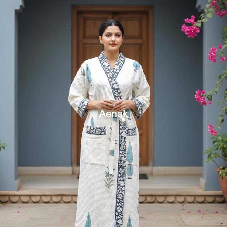 Blue Cypress Handblock Waffle Cotton Bathrobe Set
