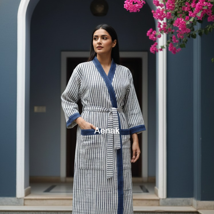 Navy Blue Striped Handblock Waffle Cotton Bathrobe