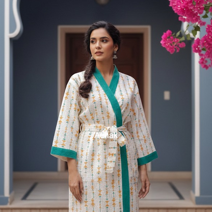 Vasant Block Print Handblock Waffle Cotton Bathrobe Set