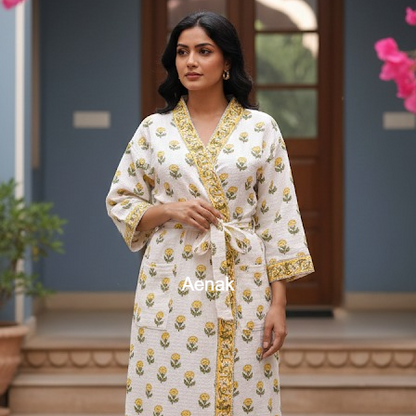 Tiny Yellow Marigold Handblock Waffle Cotton Bathrobe