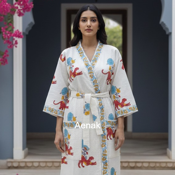 Red Cheetah Handblock Waffle Cotton Bathrobe