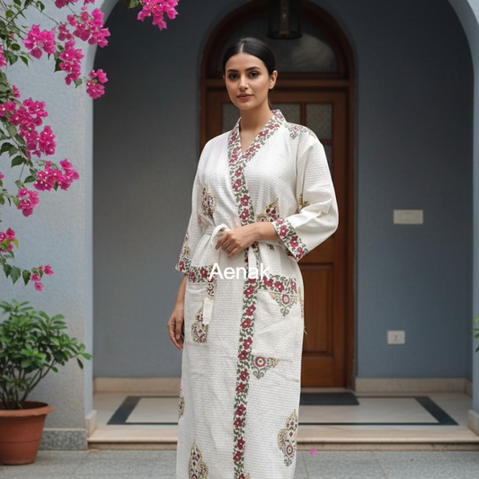 Red Bhoota Handblock Waffle Cotton Bathrobe Set