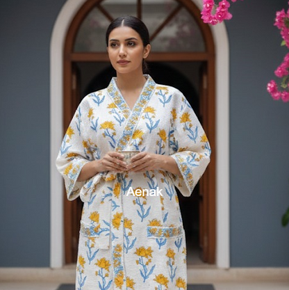 Yellow Lotus Handblock Waffle Cotton Bathrobe Set