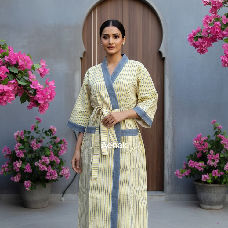 Yellow Striped Handblock Waffle Cotton Bathrobe