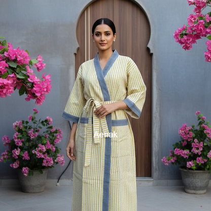 Yellow Striped Handblock Waffle Cotton Bathrobe