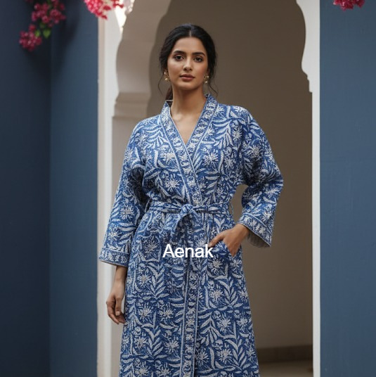 Blue Bloom Handblock Waffle Cotton Bathrobe