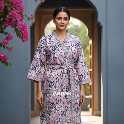 Purple Phool Handblock Waffle Cotton Bathrobe Set