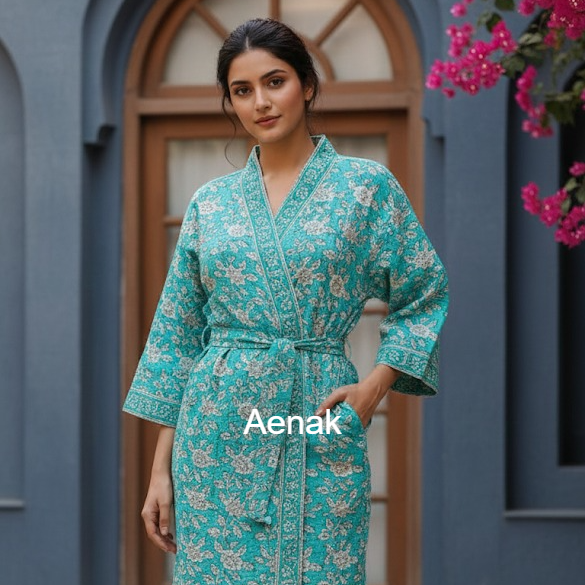 Sky Blue Floral Garden Handblock Waffle Cotton Bathrobe Set