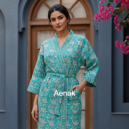 Sky Blue Floral Garden Handblock Waffle Cotton Bathrobe Set