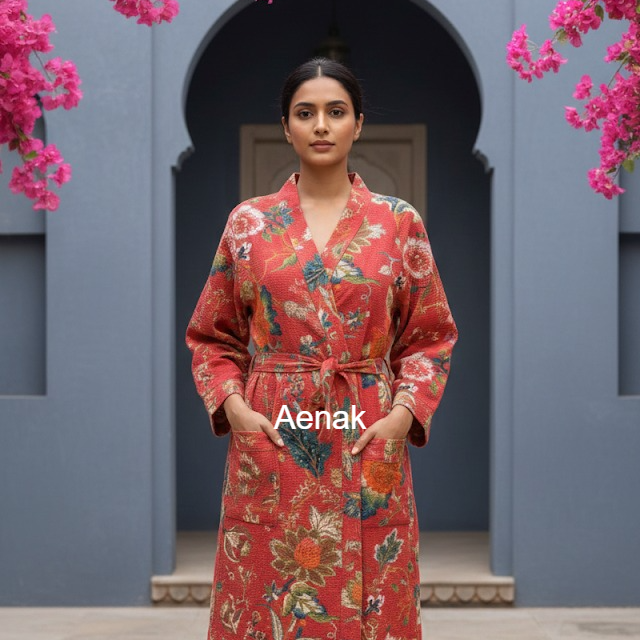 Peach Floral Garden Handblock Waffle Cotton Bathrobe