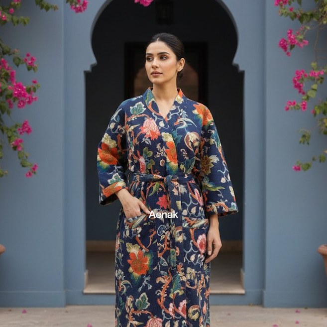 Blue Floral Garden Handblock Waffle Cotton Bathrobe Set