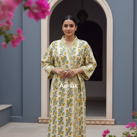 Yellow Phool Handblock Waffle Cotton Bathrobe Set