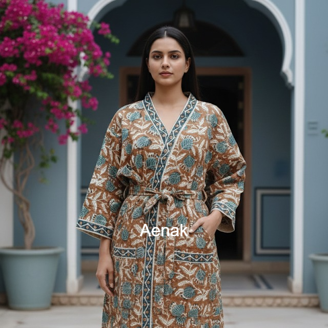 Royal Sanganer Handblock Waffle Cotton Bathrobe Set