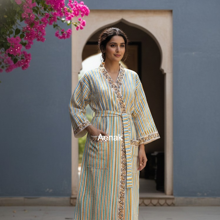 Blue & Yellow Striped Handblock Waffle Cotton Bathrobe Set