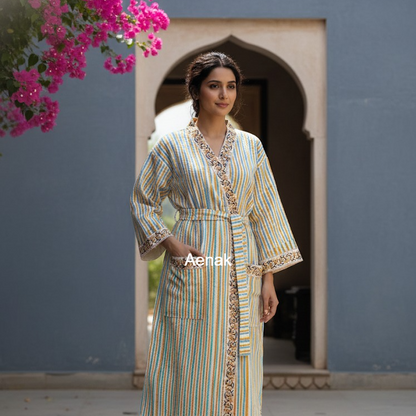 Blue & Yellow Striped Handblock Waffle Cotton Bathrobe Set