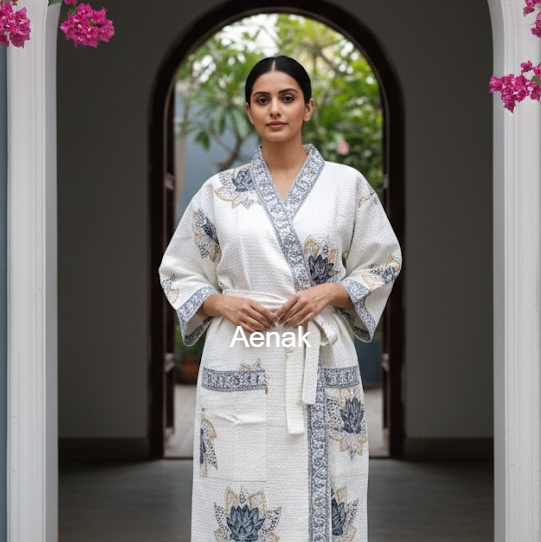 Blue Lotus Handblock Waffle Cotton Bathrobe Set