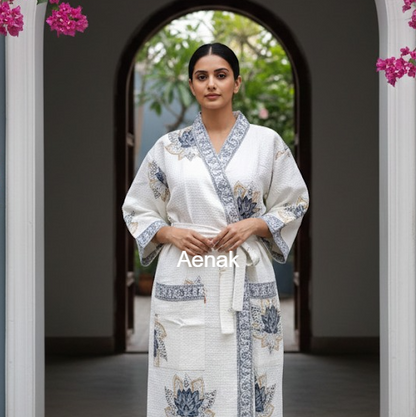 Blue Lotus Handblock Waffle Cotton Bathrobe Set