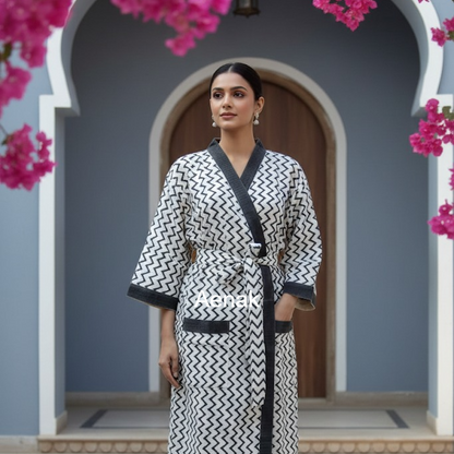 Black Zigzag Handblock Waffle Cotton Bathrobe Set