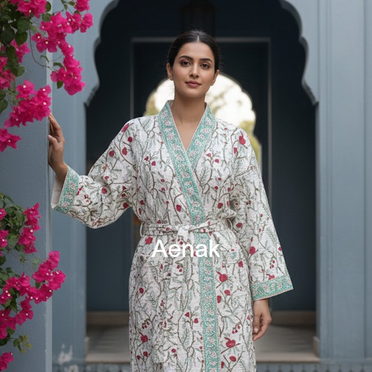 Gulab Jaal Handblock Waffle Cotton Bathrobe Set