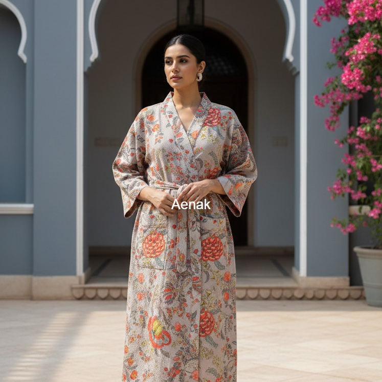 Peach Floral Garden Handblock Waffle Cotton Bathrobe Set