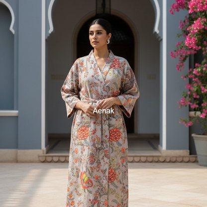 Peach Floral Garden Handblock Waffle Cotton Bathrobe Set