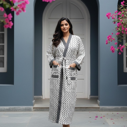 Grey Zigzag Handblock Waffle Cotton Bathrobe Set