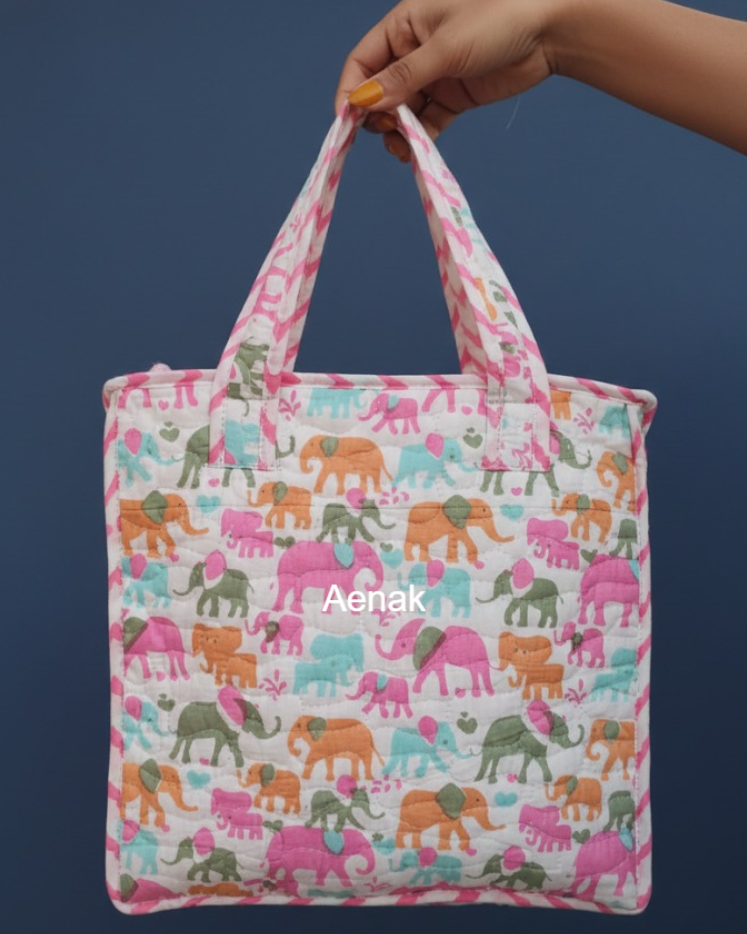 Pink Elephant Handblock Lunch Bag