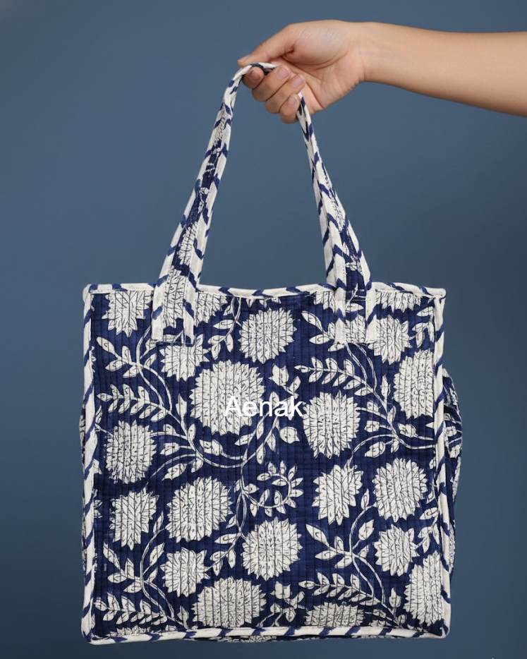 Blue Floral Garden Handblock Lunch Bag