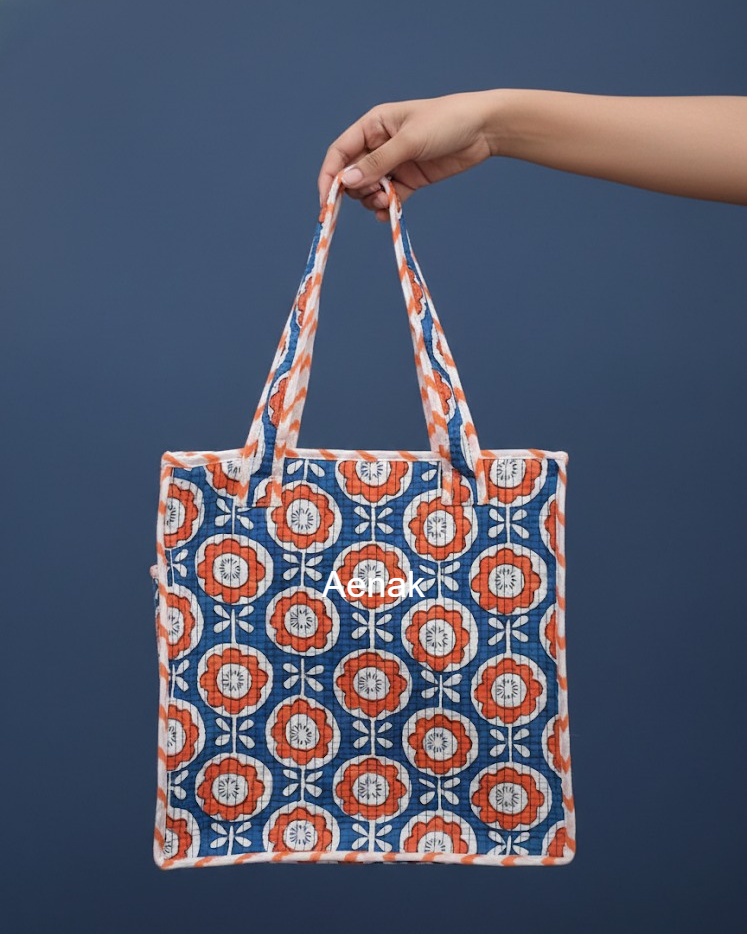 Orange Floral Handblock Lunch Bag
