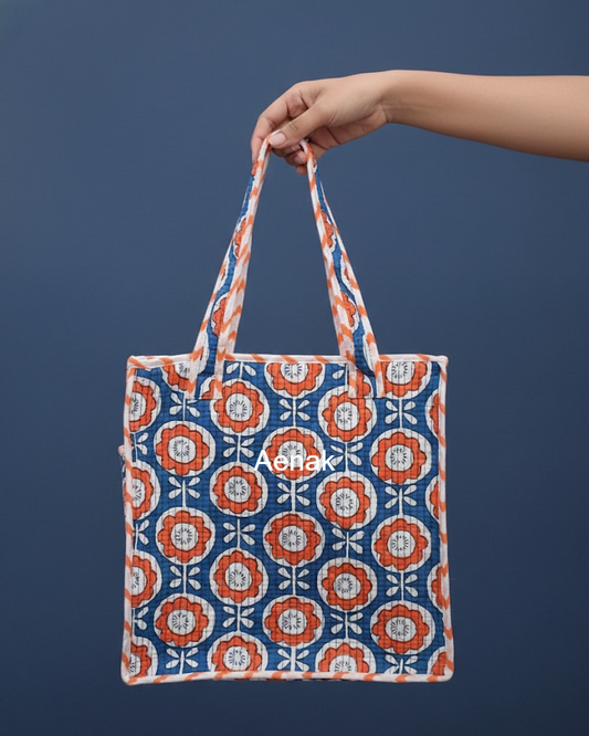 Orange Floral Handblock Lunch Bag