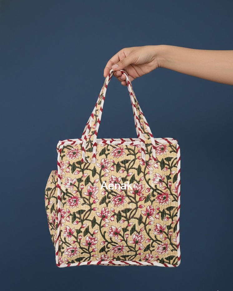 Beige Floral Jaal Handblock Lunch Bag