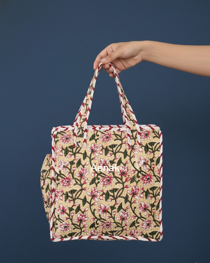 Beige Floral Jaal Handblock Lunch Bag