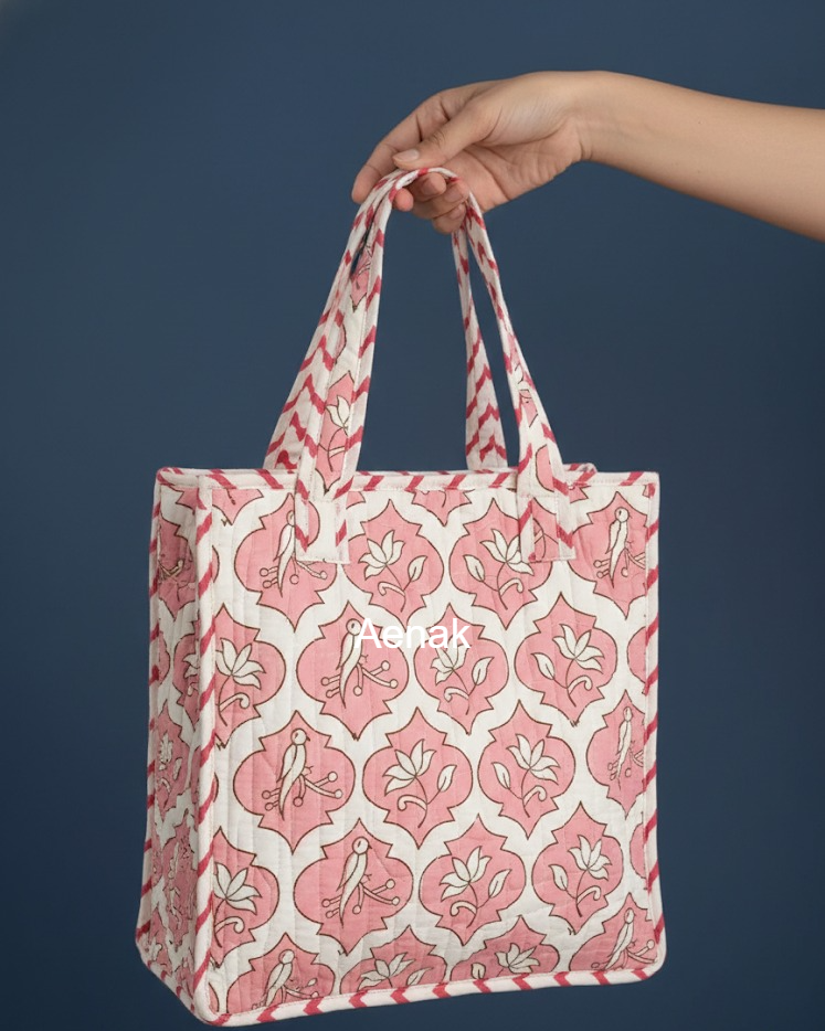 Pink Parrot Boota Handblock Lunch Bag