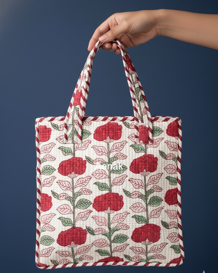 Red Rose Handblock Lunch Bag