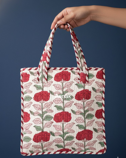 Red Rose Handblock Lunch Bag