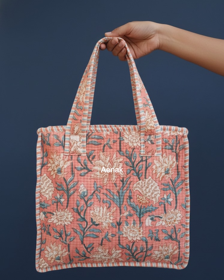 Peach Floral Garden Handblock Lunch Bag