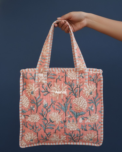 Peach Floral Garden Handblock Lunch Bag