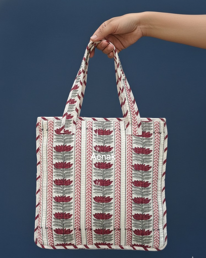 Red Lotus Handblock Lunch Bag