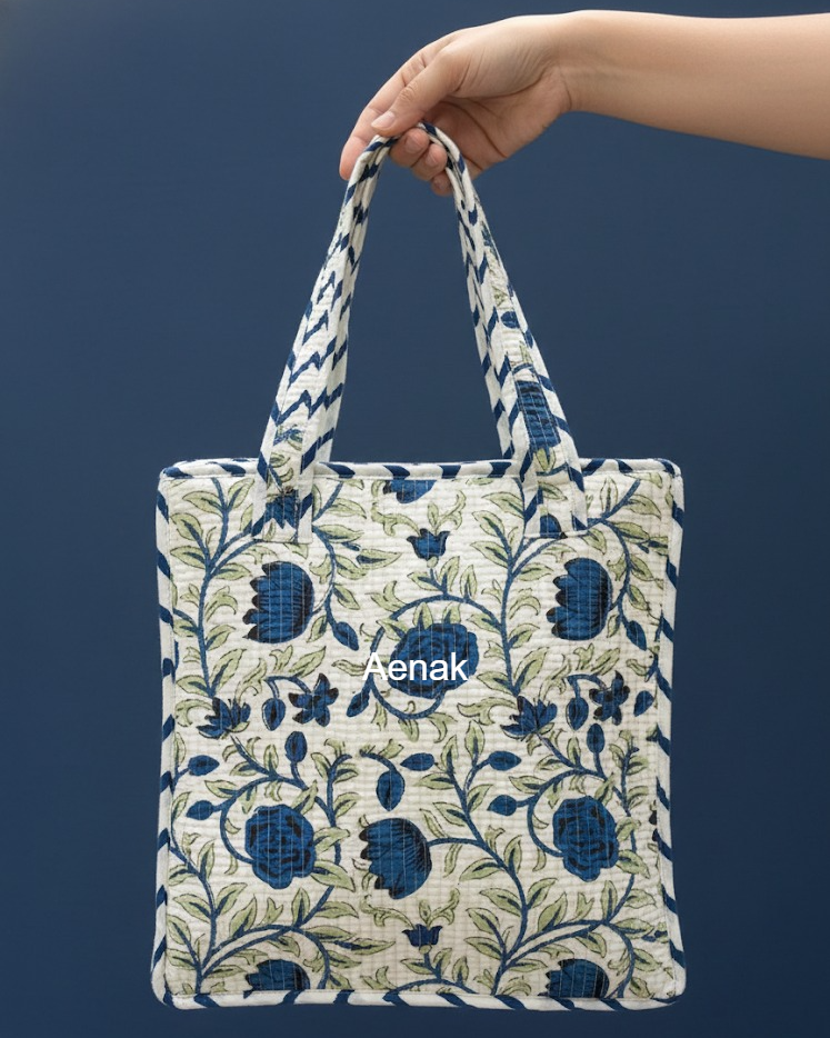 Blue Rose Handblock Lunch Bag
