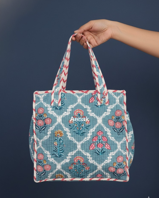 Pink & Orange Floral Handblock Lunch Bag