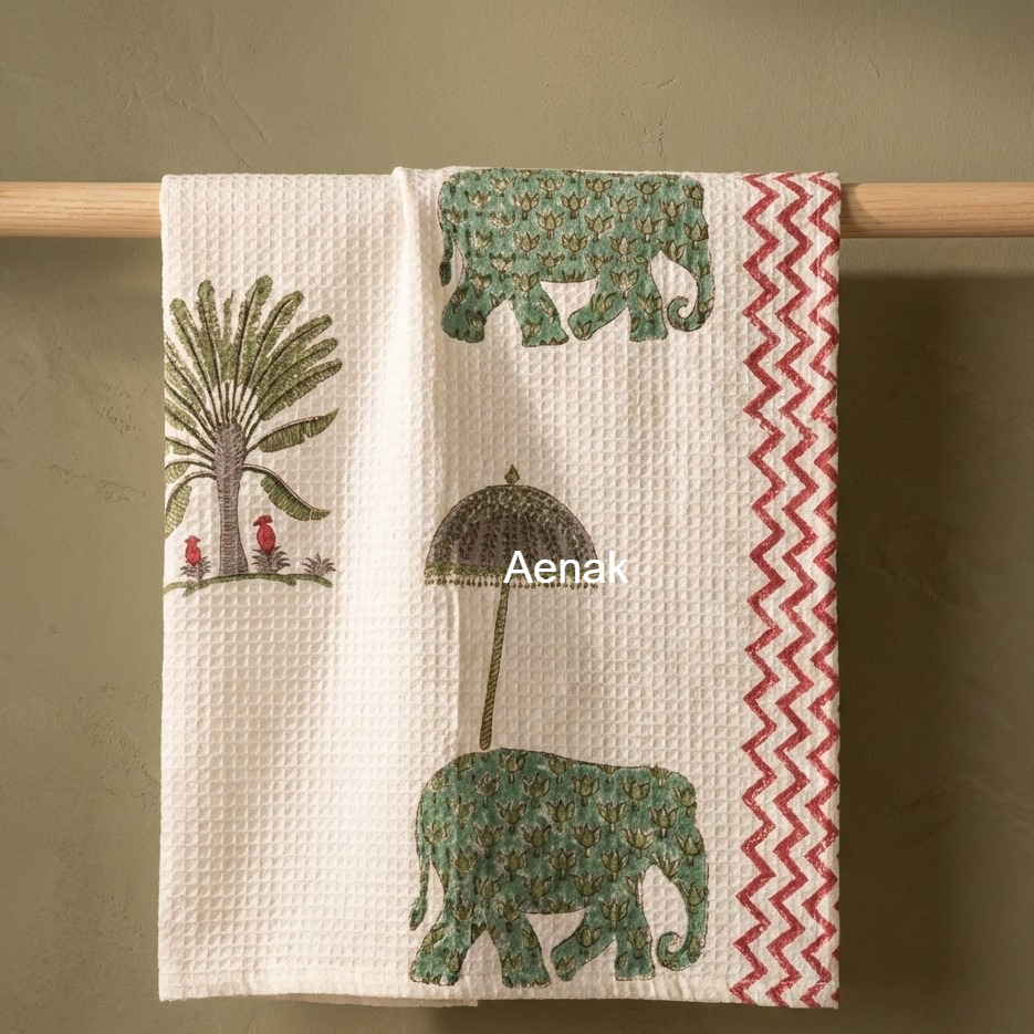 Green Elephant Handblock Waffle Cotton Towel