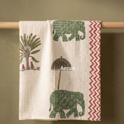 Green Elephant Handblock Waffle Cotton Towel