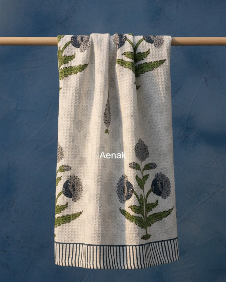 Grey Phool Bhoota Handblock Waffle Cotton Towel