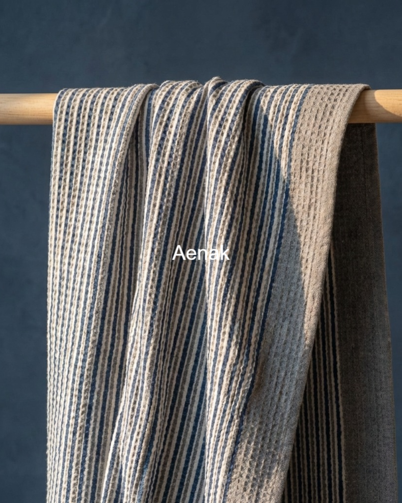 Grey & Blue Striped Handblock Waffle Cotton Towel