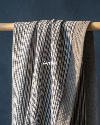 Grey & Blue Striped Handblock Waffle Cotton Towel